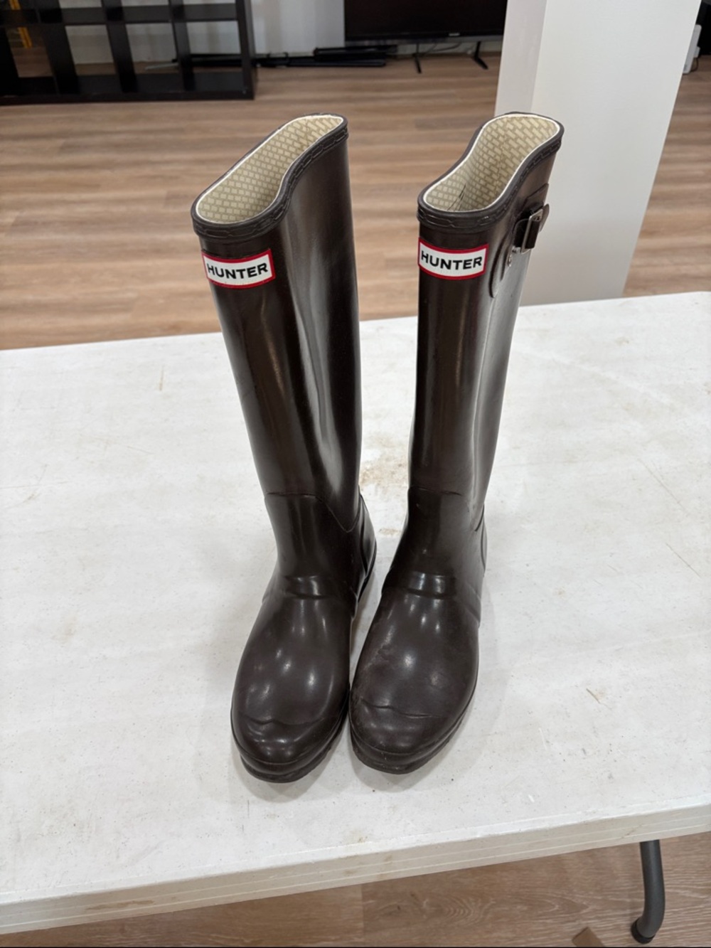 Hunter Tall Gloss Brown Rain Boots with Signature Logo